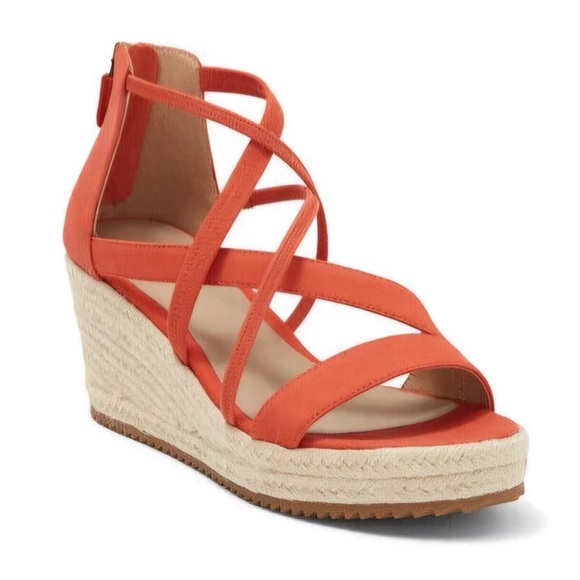 Eileen Fisher Shoes - Eileen Fisher Wanda Suede Espadrille Wedge Coral Orange Raffia Zip SZ 9